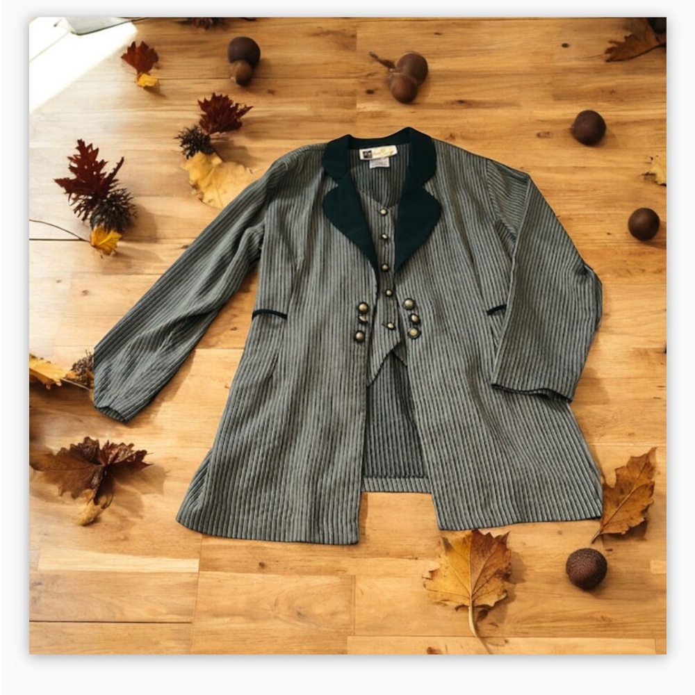RARE-VTG JDB Green Stripe Blazer W/Built in Vest,Gold Button Detail EUC-Sz16 💛​ - Picture 4 of 14